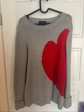 Rachel Zoe Gray Crewneck Sweater with Red Heart Motif